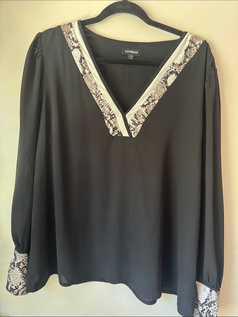 Express Black V-Neck Blouse with Snake-Print Trim
